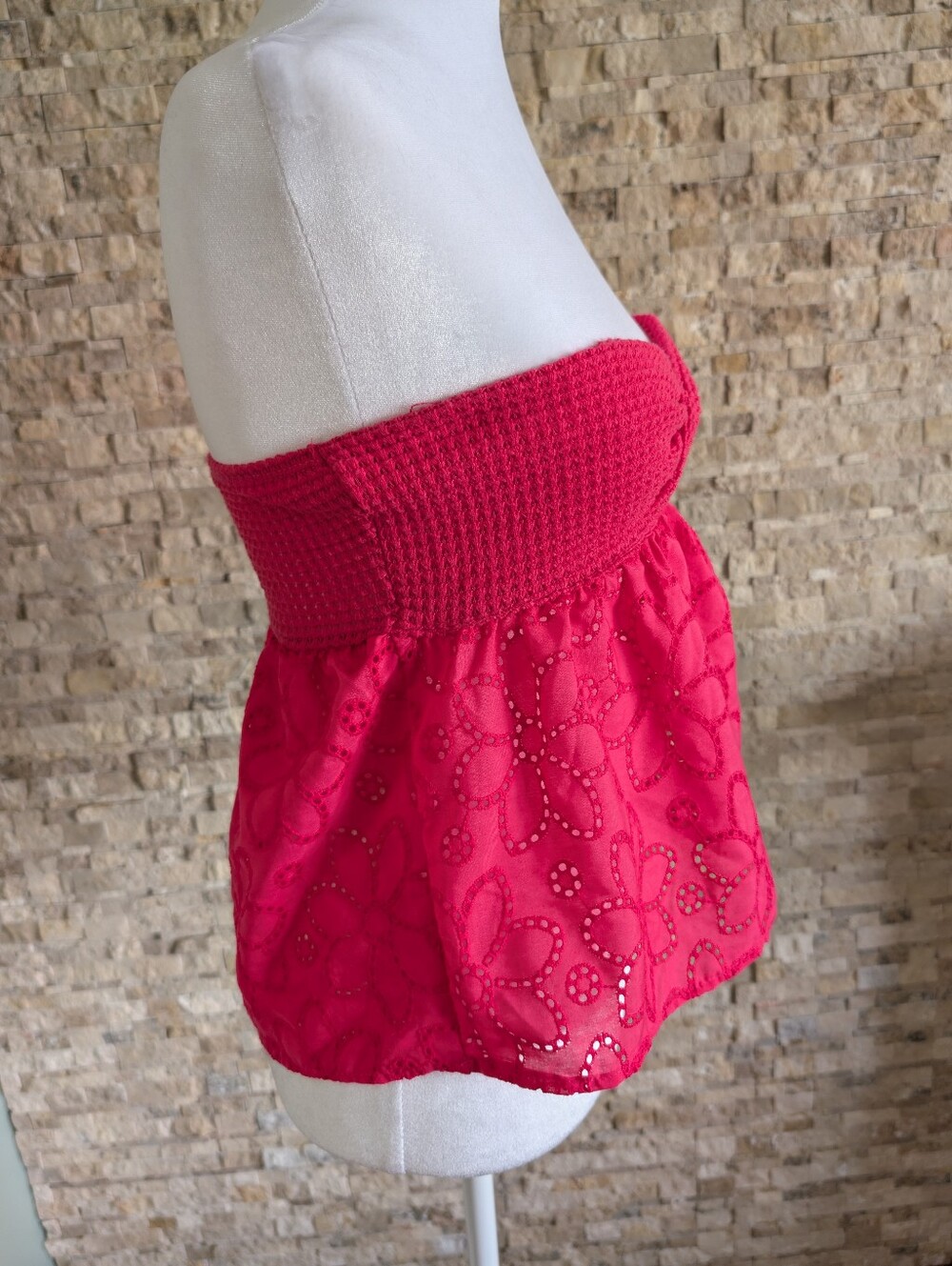 Strapless Eyelet Barbie Pink Embroidery Babydoll Peplum Knit Crop Top Shirt XS image 2